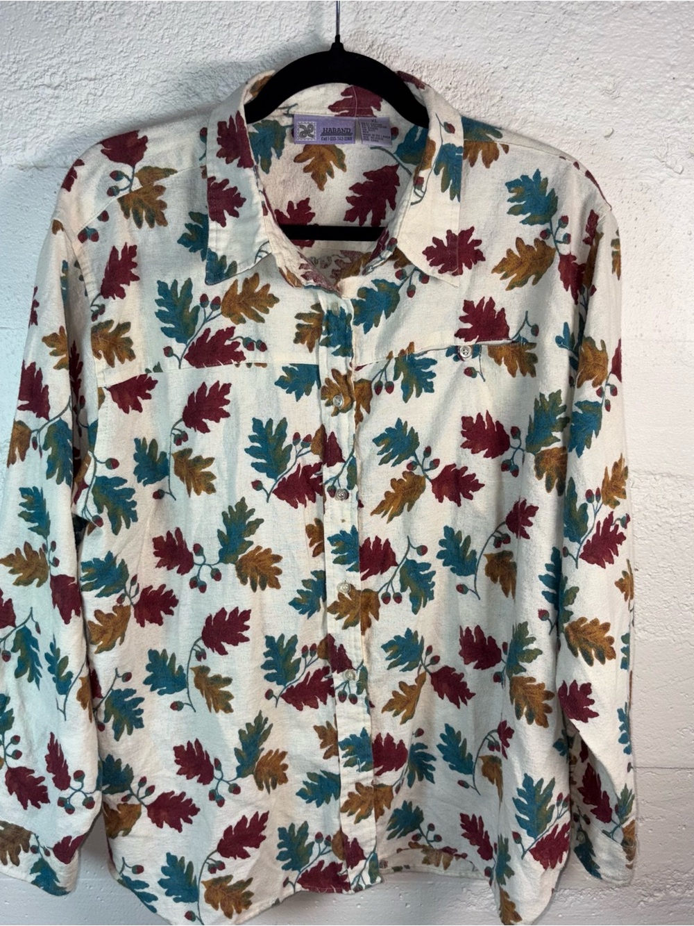 Vintage Fall Leaf-Print Button-Up Shirt - Cream with Teal, Burgundy & Mustard
